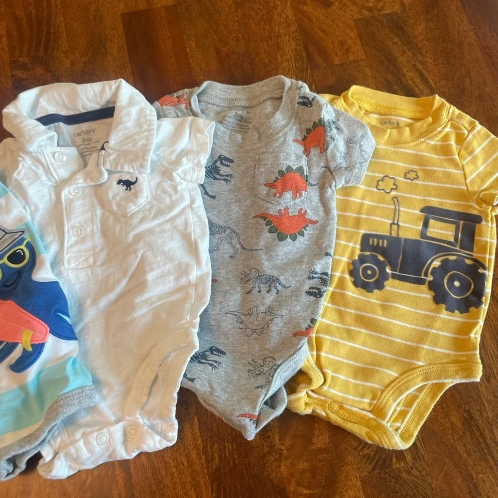 Bundle of 4 3 month baby onesie one pieces stripes trucks blue yellow white